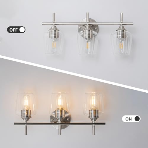 Image of foucasal Bathroom Lights 3 Light, Modern Bathroom Vanity Light Fixtures Over Mirror with Clear Glass Shade, Wall Sconce Lamp for Bedroom Hallway Living Room Kitchen, Nickel Brushed Finish