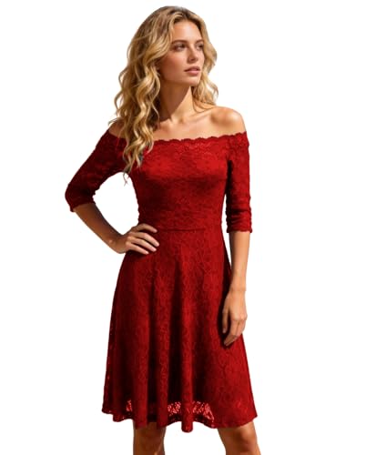 Image of Atnlewhi Womens Vintage Lace Floral Off Shoulder Elegant Swing Dresses A-line Mini Dress for Party Cocktail Wedding