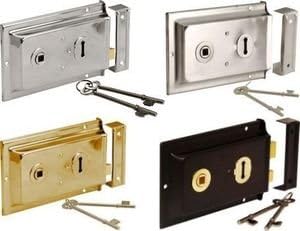 Ironmongery World Old Victorian Style Double Handed Flanged Rim Door Lock Latch 6" x 4" in 4 Finishes - Black