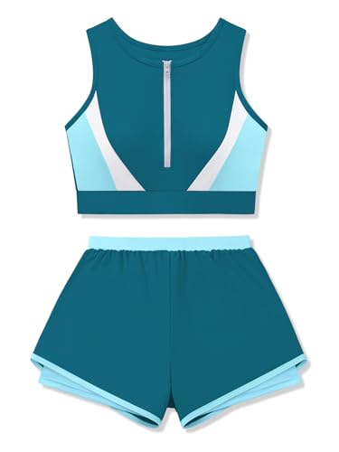 Girls Swimsuit Color Block Zipper Front 2 Piece Bathing Suit with Liner Bodyshort Sporty Girls' Swimwear 9-16T