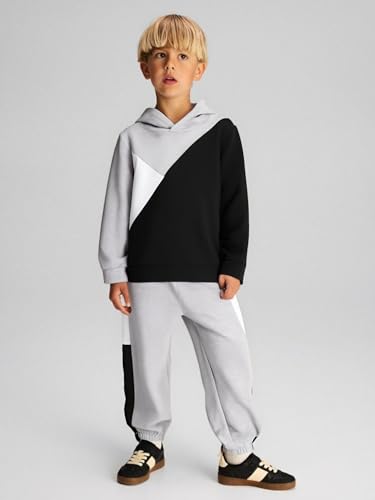 Image of Boys Clothes 2pcs Tween Boy Color Block Hoodie + Pants Little Boys Fall Winter Outfits Set, 4-12 Years