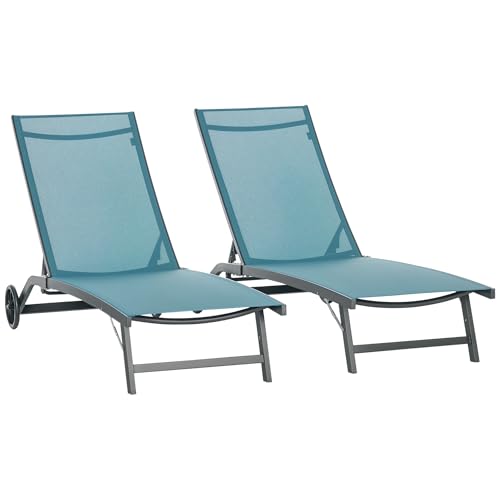 Outsunny Lot de 2 Bains de Soleil transat Chaise Longue inclinable en Aluminium et textilène avec roulettes Dossier Multipositions Charge Max. 150 Kg Bleu