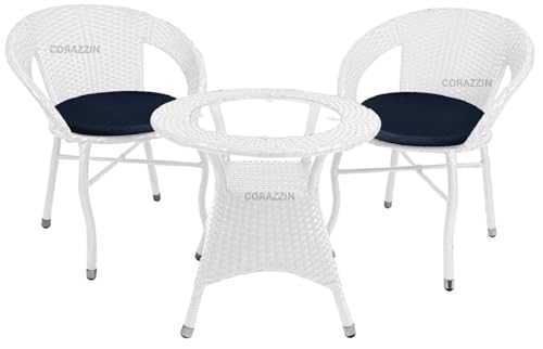 Image of Rattan Wicker Garden Patio Seating Chair and Table Set for Outdoor Balcony Garden Coffee Table Set Furniture with 1 Table and 2 Chair with Blue Cushion (White)