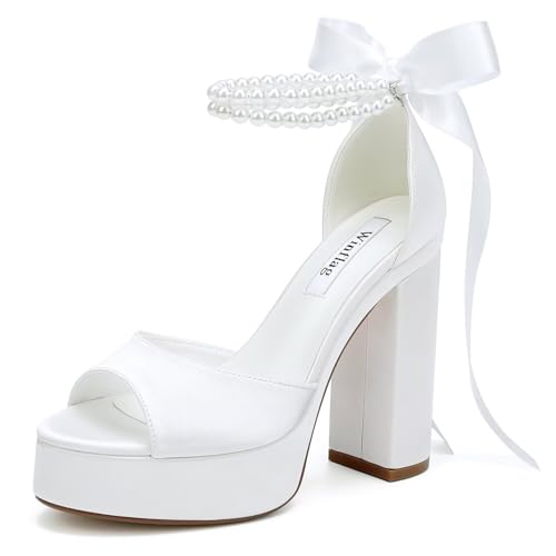 Image of High Heel Platform Bridal Shoes Pearl Heels Wedding Shoes for Bride Platform Heeled Wedding Sandals