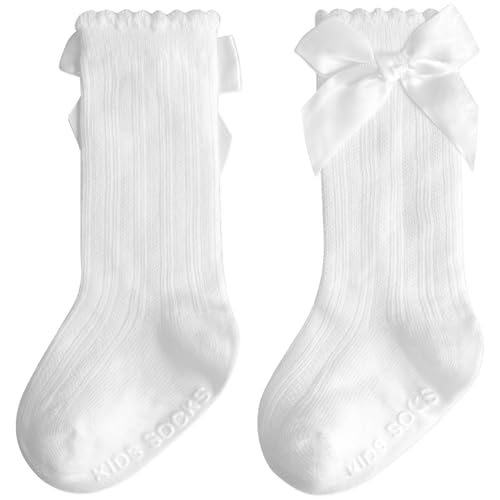 Image of Baby Knee High Socks Girl Non Slip Toddler Stockings Cotton Bow Ruffle Newborn Long Socks Infant Dress Sock 0-6M/6-12M/1-3Y