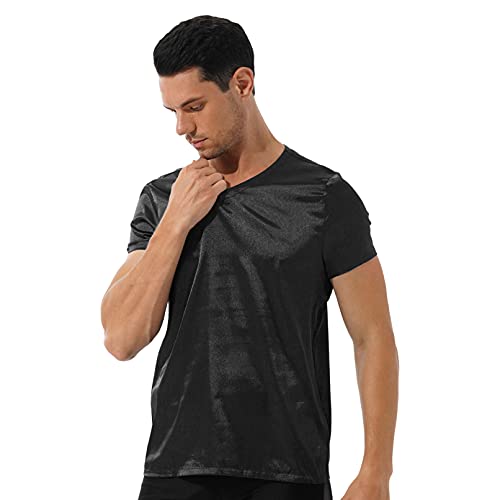 Vxuxlje Men Shiny Satin Short Sleeve T-Shirt Tops V Neck Loose Comfort Loungewear Pajamas Sleepwear2