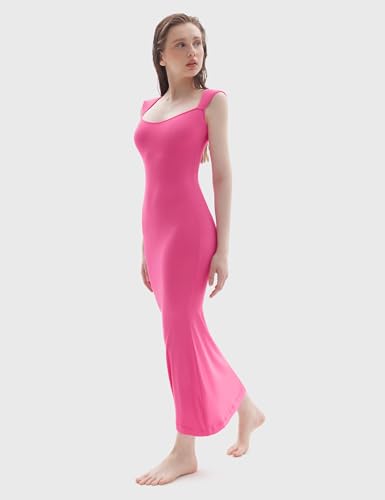 Image of PUMIEY Women's Square Neck Cap Sleeve Maxi Dress Ribbed Bodycon Dress Summer Dresses for Women