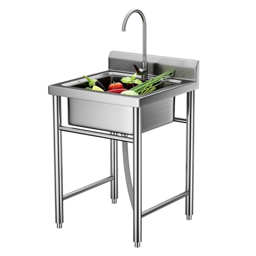 Masiunoz 60x60x95cm Stainless Steel Sink with Removable Strainer Basket, Waterproof Baffle, Freestanding Installation, Outdoor Laundry Sink for Commercial Kitchen Silver