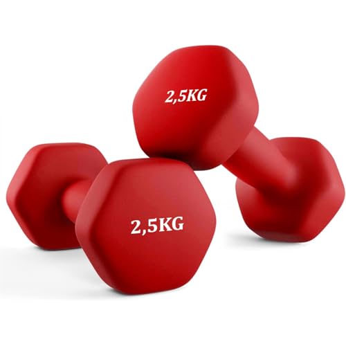 Pesas y Mancuernas Antideslizantes【Hierro | Neopreno】de 0,5 kg a 5 kg - Suaves al Tacto para Hombres y Mujeres, Diseño Ergonómico, Anti-Rodadura, Gimnasio en Casa, Fitness (Rojo, 2,5KG)