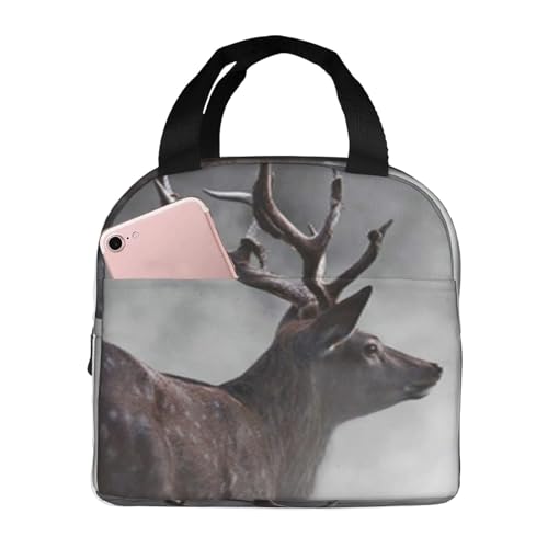 断熱ランチバッグ、大容量、防水、熱漏れ防止、スタイリッシュで丈夫、仕事、学校、アウトドア活動に便利、男女兼用 (茶色の狩猟鹿、霧の中の赤い弓、ホワイトテールの雄鹿のシルエット)