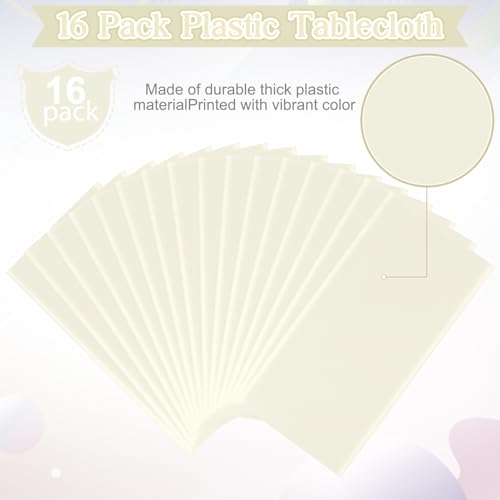 Image of 16 Pack Beige Plastic Tablecloth for Rectangle Tables, Premium Decorative Ivory Disposable Table Cloths for Parties, Rectangle Cream Party Table Cover for Birthday Wedding Baby Shower, 54x108 Inch
