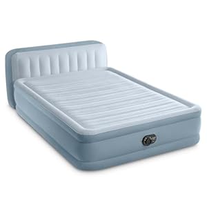 Intex 64449ED Dura-Beam Deluxe Plush Air Mattress with Headboard: Fiber-Tech – Queen Size – Built-in Electric Pump – 18in Bed Height – 600lb Weight Capacity
