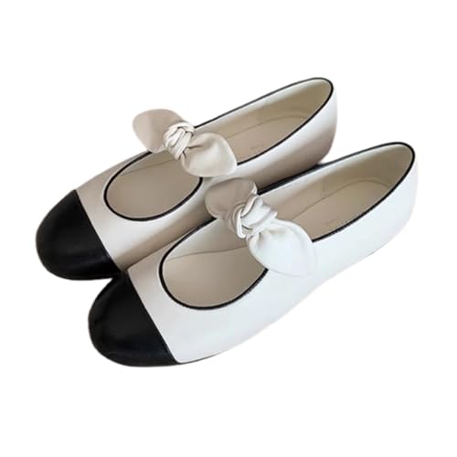 ZQW Women's Bow Ballet Flats Closed Round Toe Mary Jane Shoes Comfortable Leather Casual Non-Slip Daily Dressy Work Travel