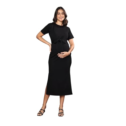 Image of MomToBe Women's Bodycon Calf Length Polyester Maternity Dress for Pre and Post Pregnancy