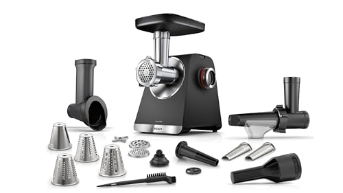 Bosch Serie 6 MFWS660B - Picadora de carne (3,5 kg/min, escofina, 2 discos perforados (3 y 8 mm), prensa de frutas, 2 niveles, garantía del motor de 10 J, engranajes planetarios, color negro