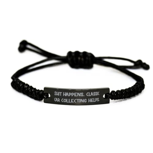 Shit Happens. Classic Car. Black Rope Bracelet, Classic Car Collecting Engraved Bracelet, Unique Gifts for Classic Car Collecting, Birthday gifts for her, Birthday gifts for him, Unique birthday