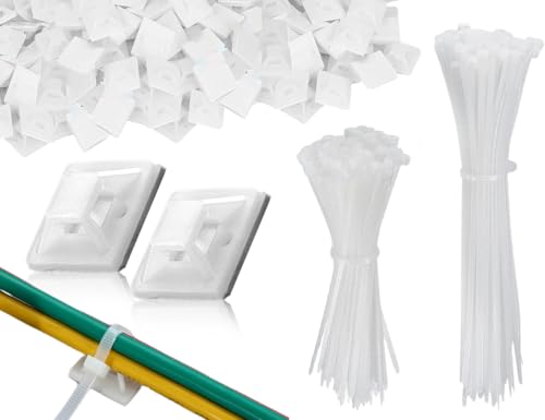 Lhbwhiz 200 piezas juego de bridas para cables,soporte de base autoadhesivo,base adhesiva para sujeción de cables,soporte para bridas,soporte para cables con almohadillas adhesivas((blanco)