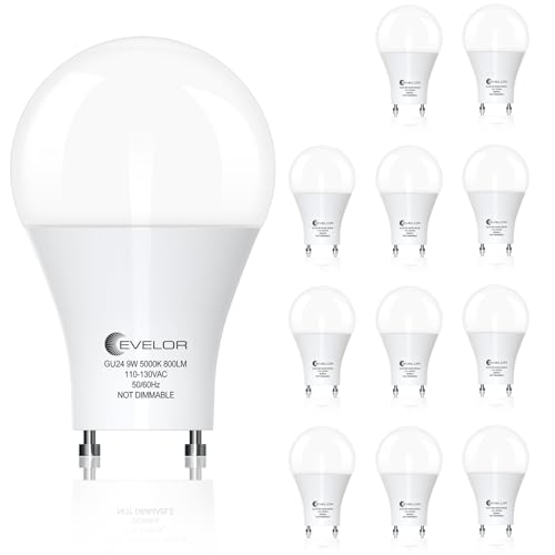 GU24 LED Light Bulb,60 Watt Equivalent Daylight White 5000K,Non-Dimmable,Efficient 9W,800 Lumens Twist and Lock 2 Prong Light Bulbs,15000 Hours,Ideal for Kitchen,Living Room,Bedroom,12-Packs