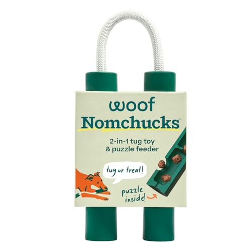 WOOF Nomchucks - Puzzle Feeder Enrichment Dog Toy and Tug Toy with 3 Interactive Zones - Designed with Long-Lasting Nylon Rope and Natural Rubber - for Gentle Chewers - Pairs Puzzle Treats