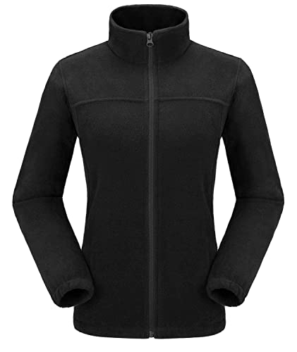 Damen Fleecejacke mit Top Durchgehendem Reißverschluss, Winddicht Stehkragen Fleece Jacke Sweatjacke, Microfleece Polyester, Antistatische Elektrizität Damenjacke für Wandern Freizeit, Schwarz, XL
