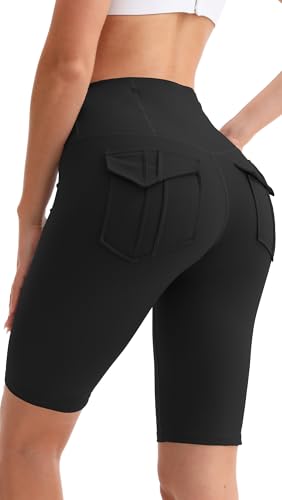 Women Biker Shorts with 3 Pockets Booty High Waisted Tummy Control Spandex Yoga Shorts Workout Gym Running Black