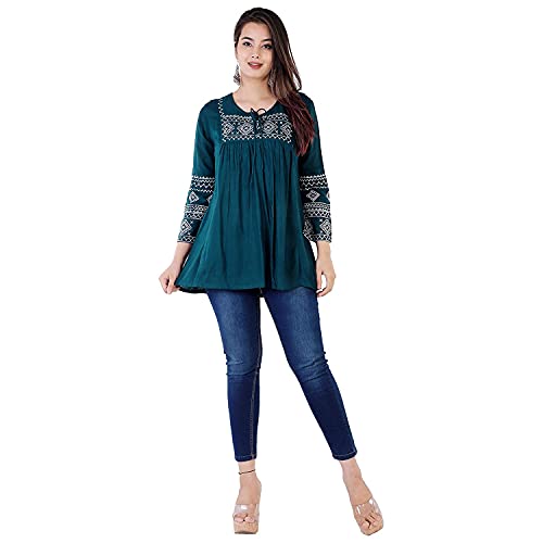 Image of Shiva Fab Short Kurti for Women | Embroidered Straight Rayon Kurta | Round Neck Full Sleeves Short Kurti for Women's Combo Pack of 2