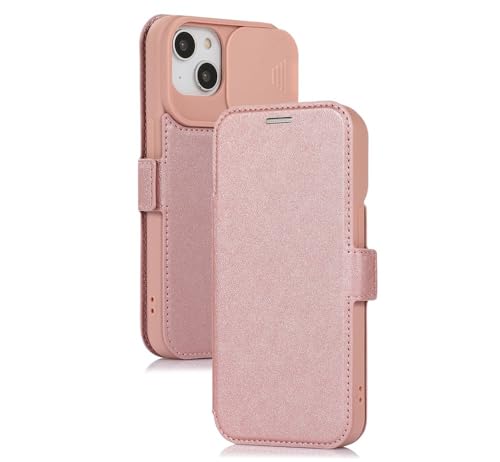 Étui à rabat en cuir iPhone 14 avec cache caméra coulissant et support