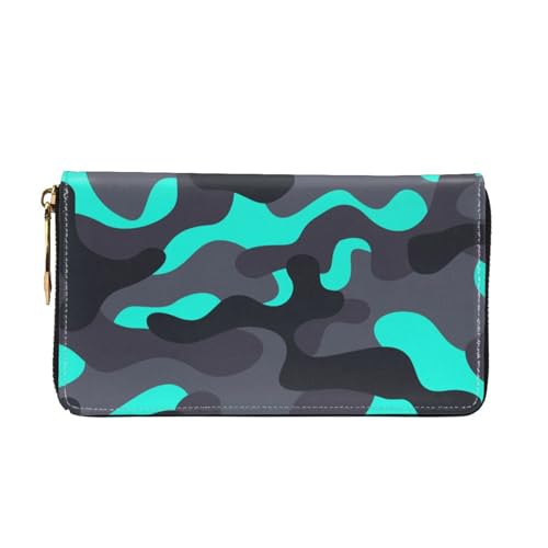 Leather Wallet For Women And Men Camouflage Black Teal Clutch Purse Wristlet Bag Credit Card Holder Wallet2