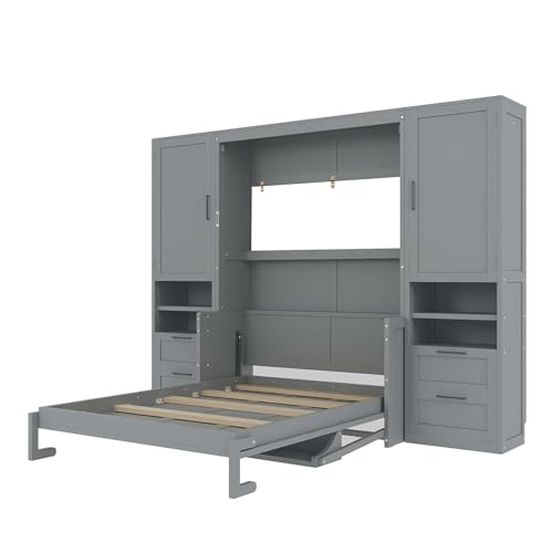 Image of Merax Full Size Murphy Bed with Desk, Closet, Drawers and Shelves, Multifunctional Foldable Wood Platform Bed Frame for Small Spaces Studio Study Office Guest Room, Space-Saving Design, Gray