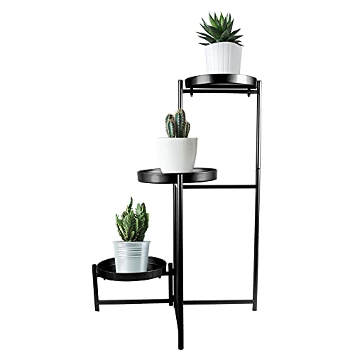 EUROSAKURA Blumenständer Metall mit 3 Ebenen, Pflanzständer mit Pflanzentöpfen, Deko Klappbar Pflanzenregal, Ecke Blumentreppe für Zuhause, Garten, Balkon, Moderner Stil (schwarz) Cover