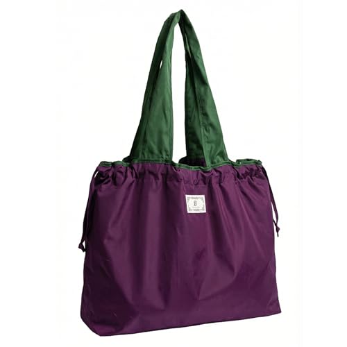 [MINNNANOTOKU] 環境に優しいショッピングバッグ。軽量（100g）、耐久性（25L）、コンパクトで折りたたみ可能。防水オックスフォード生地を使用。幅広のハンドル、内ポケット、引き紐付き。再利用可能で環境に優しい。パープル、ブラック、グレー、カーキ、ライトグリーンの5色展開。