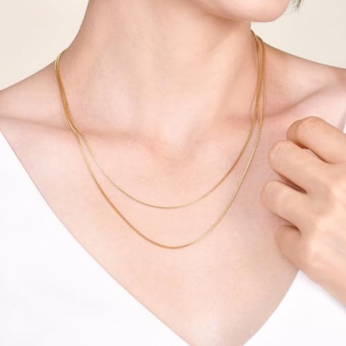 14K Yellow Gold Box Chain Necklace for Women and Men, Genuine Gold (0.6mm、1mm - Lengths from 16 to 30 Inches)4