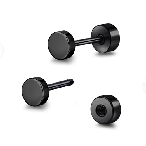 TitanHeart Hypoallergene Titan Schraube zurück flach zurück Punkt Ohrstecker 3mm-5mm einfache klassische Helix Tragus Knorpel Ohrläppchen Ohrstecker für Damen Herren(Schwarz,4mm)
