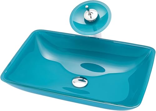 MYUYEE Lavabo sur Plan Vasque de Salle de Bain Vasque en Verre Cyan Installation sur Plan de Travail Vasque rectangulaire de Salle de Bain Vasque Artistique...