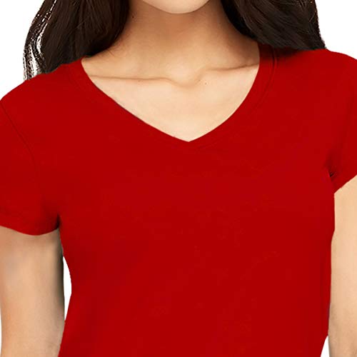 Image of Pooplu Women's Regular Fit Premium Plain 100% Cotton V Neck Half Sleeves, Casual Plain Pootlu Tees and Tshirts.
