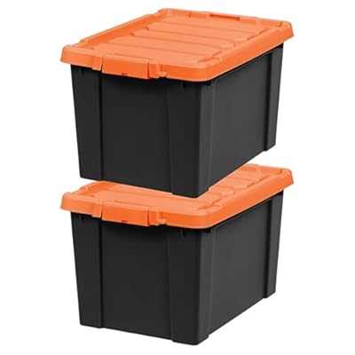 IRIS USA 20 Gallon Lockable Storage Bins with Lids, 2 Pack - Made in USA, Heavy Duty, Stackable Containers, Garage Organizing Bins Moving Tubs, Rugged Sturdy Equipment Utility Box - Black/Orange