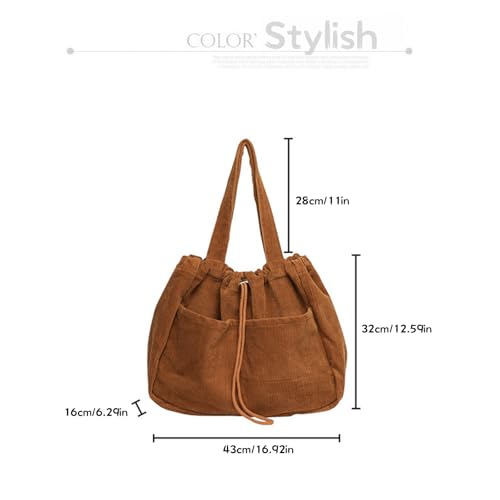 Image of WYCY Corduroy Tote Bag for Women, Large Capacity Corduroy Bag Work Drawstring Bags with Inner Pocket Office Tote Handbag