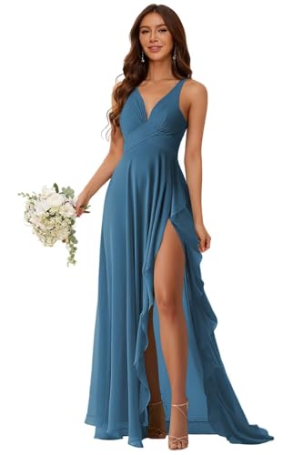 Image of Chiffon V Neck Bridesmaid Dresses for Women Ruffles 2025 Pleated A-line Formal Party Dress with Slit ADN007
