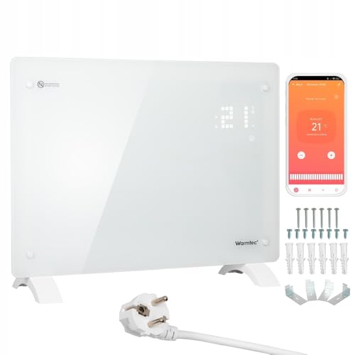 WARMTEC Convector Radiador Eléctrico 1500W | Calefactor de cristal con control WiFi, temporizador, pantalla LCD y programa semanal | Radiador Bajo Consumo de pie o de pared | Blanco