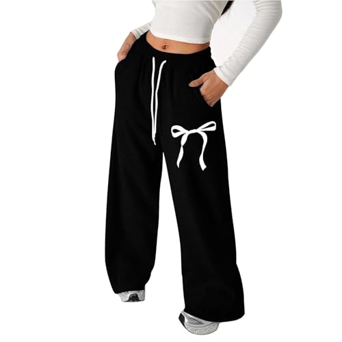 Baggy Bowknot Sweatpants for Girls Straight Wide Leg Open Bottoms Trackpants with Pockets Y2k Preppy Athletic Joggers 4-13Y