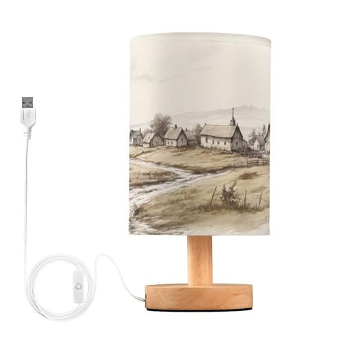 SDMKA Idyllic Landscape Bedside Table Lamp for Bedroom, Minimalist Nightstand Lamp with Round Fabric Shade for Living Room, Office, No Bulb Required
