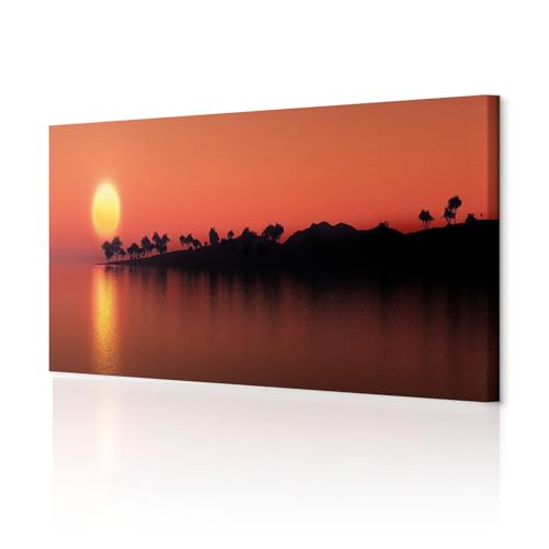 decomonkey - Tableau Acoustique Coucher du Soleil 135x45 1 Pièce - Impression sur Toile Décoration Isolation Phonique Déco Bureau Arbres mer nature paysage orange soleil île coucher de soleil