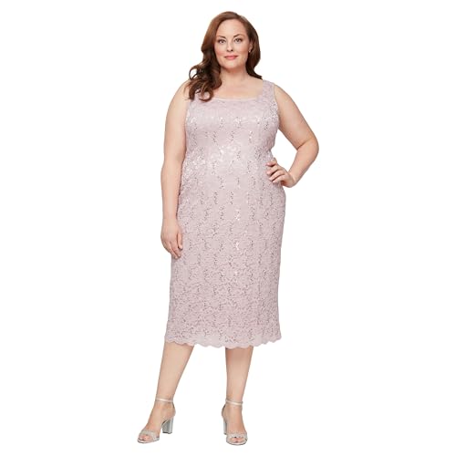 Image of S.L. Fashions Women's Tea Length Sequin Lace Mother of The Bride Dress with Illusion Sleeve Jacket