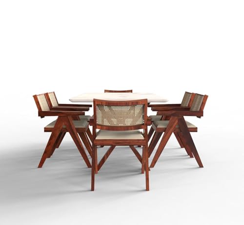 Image of Epoxy Marble Top Finish Six-Seater Dining Table with Cane Cushioned Chair with Honey Finish | Custimization Available| Made on Order