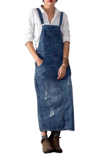 Image of Yoeasy Women's Distressed Denim Overall Dress - Adjustable Strap Pinafore A-Line Mid Long Jean Bib