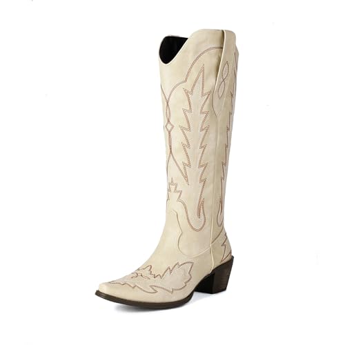 UniqueStride Women's Cowboy Boots Mid Calf Cowgirl Boots Embroidered Western Snip Toe Chunky Heel Boots Pull on
