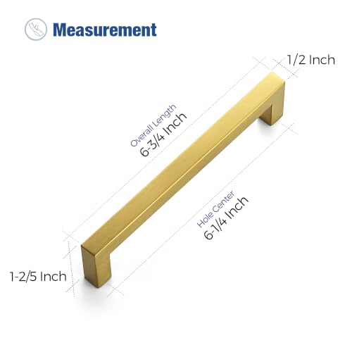 Image of Ravinte 10 Pack Kitchen Gold Cabinet Handles 6-1 /4 Inch Hole Center Stainless Steel Square Cabinet Pulls for Dresser Drawer Cupboard Handles with Screwdriver