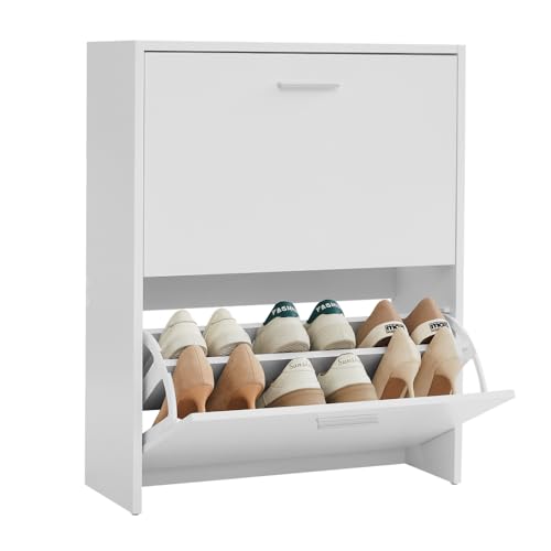 CASABEL Mueble Zapatero Estrecho de 2 Abatibles para 12 Pares – Blanco – Ideal para Recibidor – Organizador de Zapatos en Madera MDF – Medidas 60×24×80 cm – Fácil de Montar