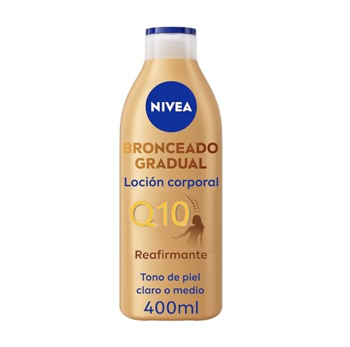 NIVEA Q10 Loción Corporal Reafirmante + Autobronceadora (400 ml), crema hidratante corporal con coenzima Q10, crema bronceadora para tono de piel claro a medio