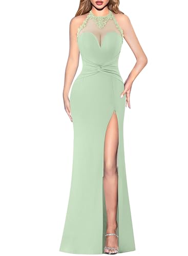 Image of VFSHOW Womens Formal Halter Keyhole Back Prom Gala Maxi Dress Evening Gown | Sexy Illusion Sweetheart Neck, High Slit, Wedding Guest, Applique, Twist Front Mermaid Dresses